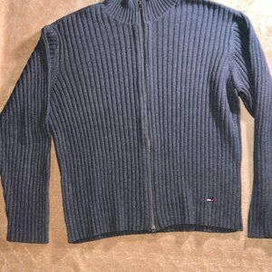 Vintage 90s Tommy Hilfiger Men XL‎ Gray Knit Ribbon Full Zip Fall Sweater (U)